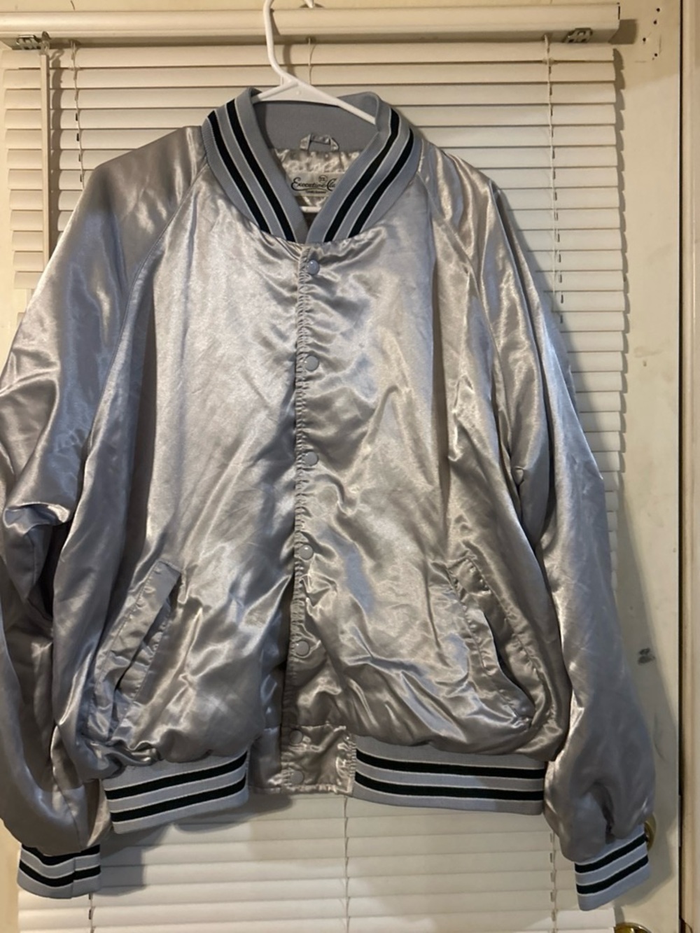 Vintage Men's Silver Satin Varsity Bomber Jacket with Stripe Trim